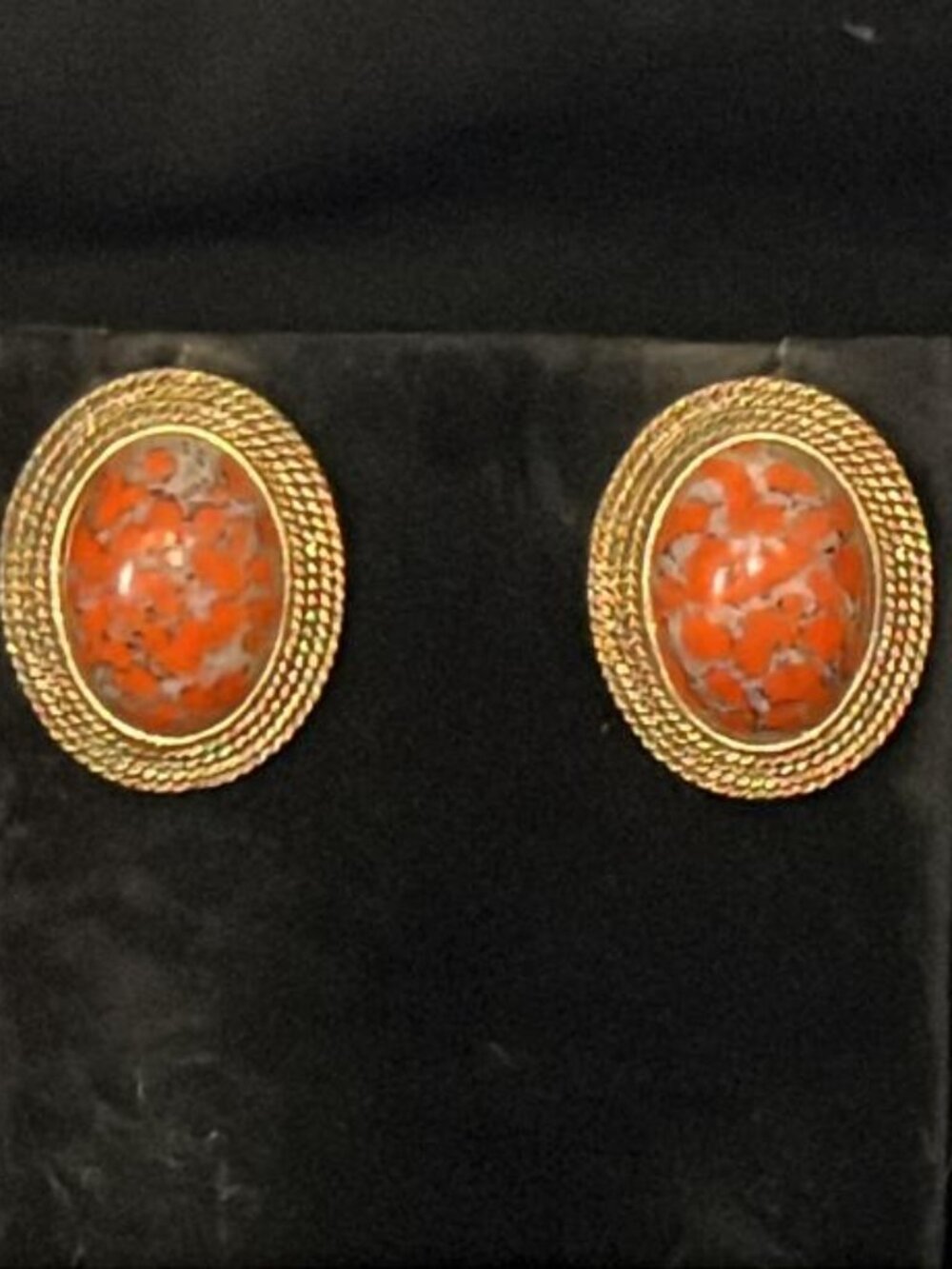 Orange Lavender Oval with Gold Tone Frame Earrings